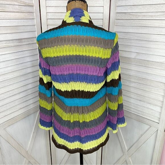 Peck & Peck Striped Crochet Open Front Cardigan Sweater  6 Gray Multi - Picture 4 of 12